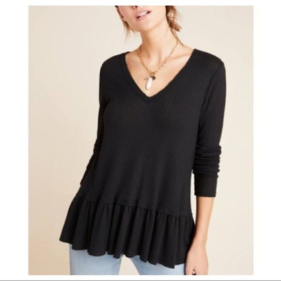 Anthropologie-Eri + Ali Waffle Peplum Black Long Sleeve Thermal (Small) - Picture 1 of 11